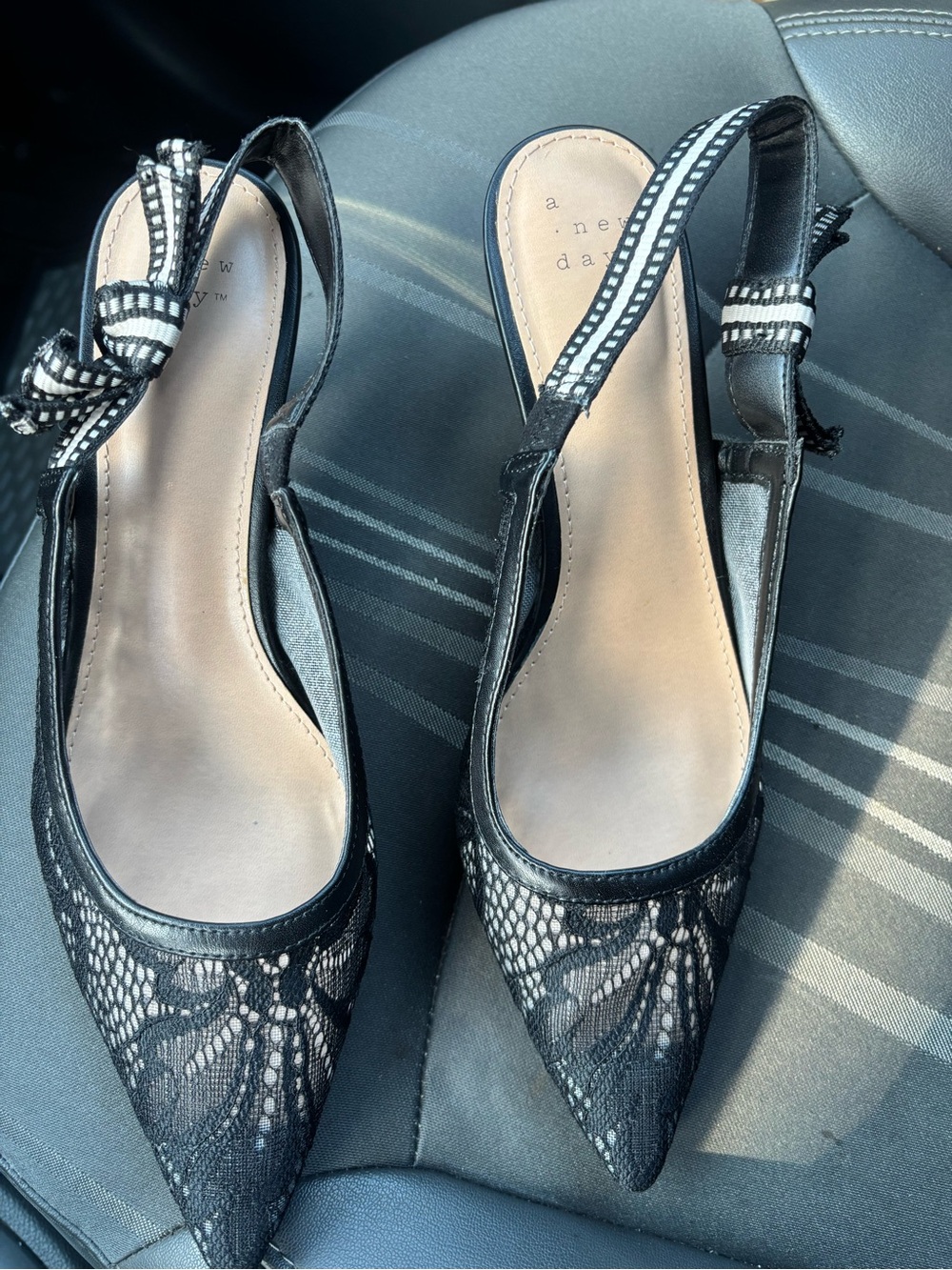 a new day Black Lace Pointed Slingback Heels with Bow Accent